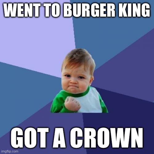 Success Kid Meme | WENT TO BURGER KING; GOT A CROWN | image tagged in memes,success kid | made w/ Imgflip meme maker