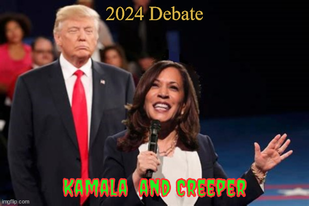 Stalker on stage | 2024 Debate; Kamala  and Creeper | image tagged in stalker,maga maleviolent,2024 presidentia debate,sept 10th debate,trump stalker,don't fear the creeper | made w/ Imgflip meme maker