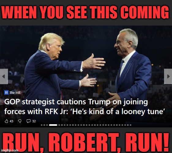 Such a weird pairing - it works both ways. Mutual embrace of political death right there. | WHEN YOU SEE THIS COMING; RUN, ROBERT, RUN! | image tagged in two backed beast of deceit,memes,politics | made w/ Imgflip meme maker