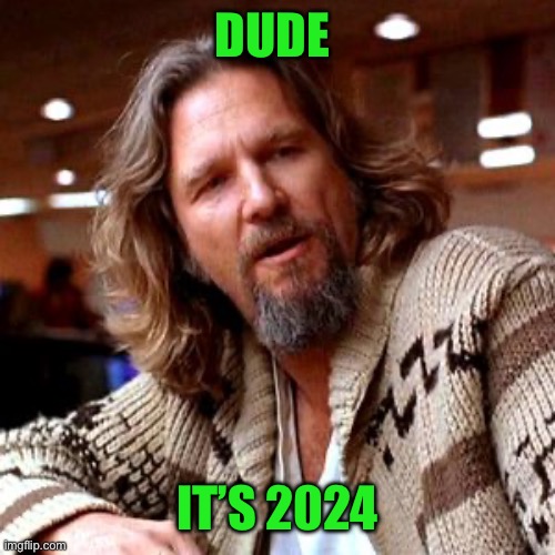 Confused Lebowski Meme | DUDE IT’S 2024 | image tagged in memes,confused lebowski | made w/ Imgflip meme maker