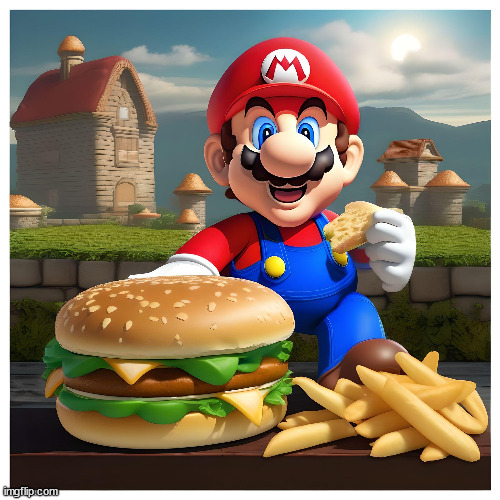 I generated an AI photo of Mario eating a Big Mac | image tagged in artificial intelligence,mario | made w/ Imgflip meme maker