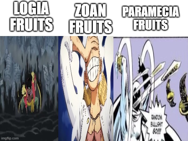 one piece fruits | ZOAN FRUITS; LOGIA FRUITS; PARAMECIA FRUITS | image tagged in funny,one piece | made w/ Imgflip meme maker