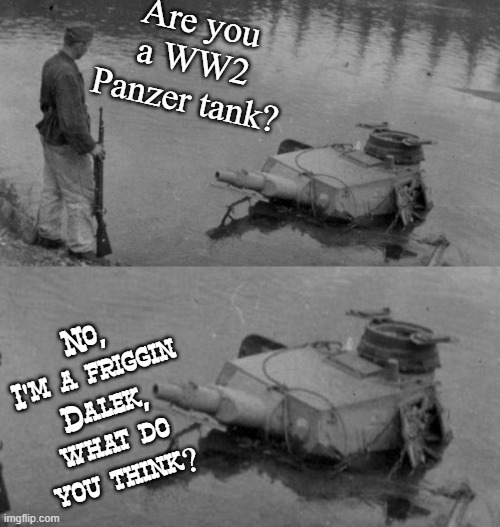 Are you a panzer? | Are you a WW2 Panzer tank? No, I'm a friggin Dalek, what do you think? | image tagged in panzer of the lake,doctor who,dalek,tank,ww2 | made w/ Imgflip meme maker