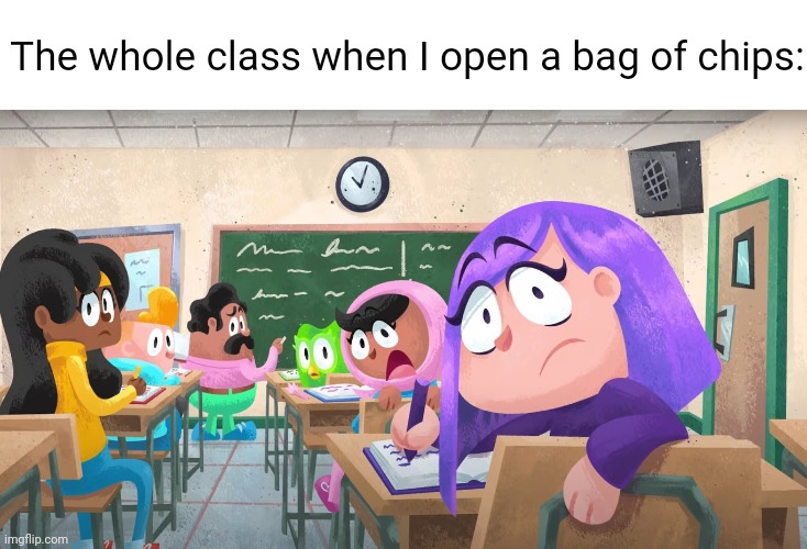 BRO ONLY SAVED ONLY FOR HIMSELF | The whole class when I open a bag of chips: | image tagged in duo friends shocked | made w/ Imgflip meme maker