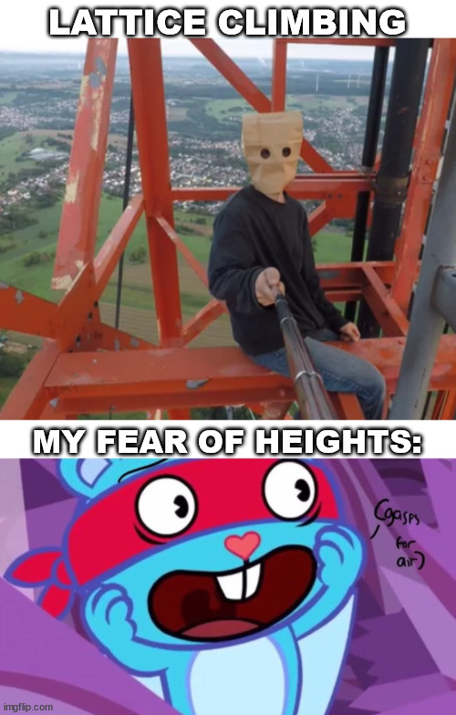 Happy Tree Friends, Splendid | LATTICE CLIMBING; MY FEAR OF HEIGHTS: | image tagged in baghead,lattice climbing,happy tree friends,splendid,climbing,meme | made w/ Imgflip meme maker