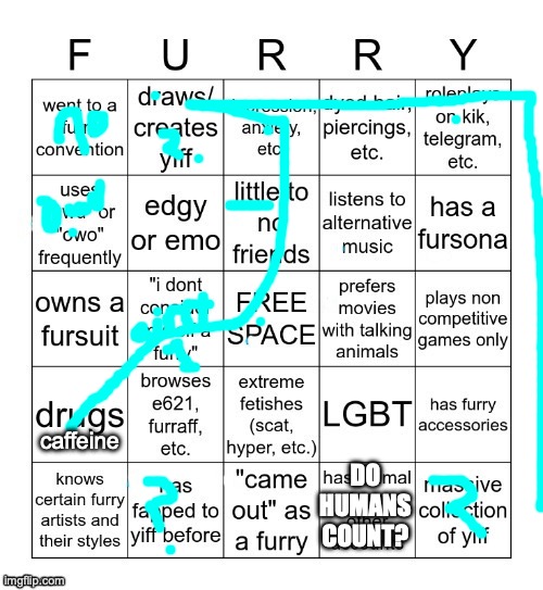 heh | caffeine; DO HUMANS COUNT? | image tagged in furry bingo v2 | made w/ Imgflip meme maker