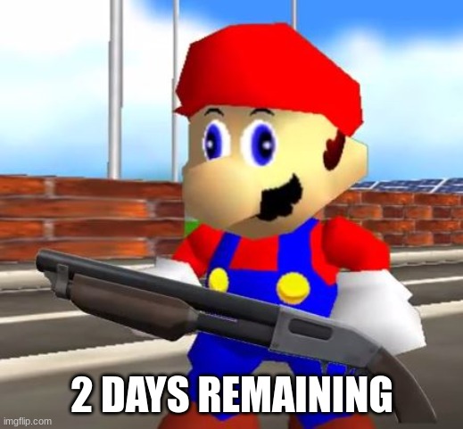 2 days remaining | 2 DAYS REMAINING | image tagged in smg4 shotgun mario | made w/ Imgflip meme maker