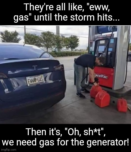 Going green at the gas pump | They're all like, "eww, gas" until the storm hits... Then it's, "Oh, sh*t", we need gas for the generator! | image tagged in eww,gasoline,generator,tesla,funny,license plate | made w/ Imgflip meme maker