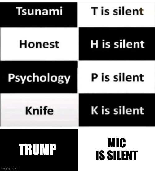 Trump doesn’t like being muted | MIC IS SILENT; TRUMP | image tagged in blank white template,memes,donald trump,presidential debate | made w/ Imgflip meme maker