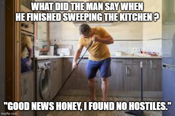 memes by Brad - Man swept kitchen & said that he found no hostiles | WHAT DID THE MAN SAY WHEN HE FINISHED SWEEPING THE KITCHEN ? "GOOD NEWS HONEY, I FOUND NO HOSTILES." | image tagged in funnny,gaming,computer games,pc gaming,video games,humor | made w/ Imgflip meme maker