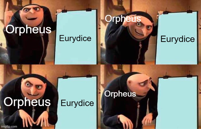 Gru's Plan Meme | Orpheus; Orpheus; Eurydice; Eurydice; Orpheus; Eurydice; Orpheus | image tagged in memes,gru's plan | made w/ Imgflip meme maker