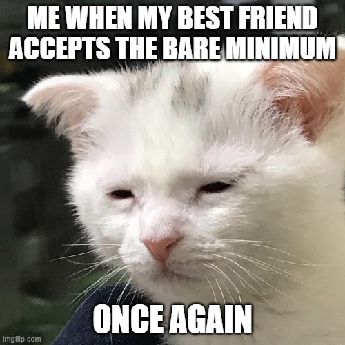 I'm awake, but at what cost? | ME WHEN MY BEST FRIEND ACCEPTS THE BARE MINIMUM; ONCE AGAIN | image tagged in i'm awake but at what cost | made w/ Imgflip meme maker