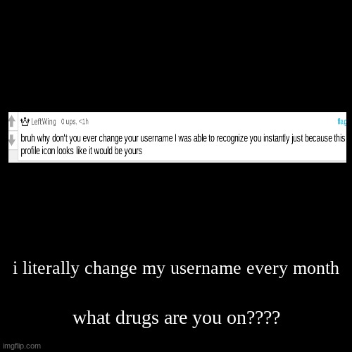 i literally change my username every month | what drugs are you on???? | image tagged in funny,demotivationals | made w/ Imgflip demotivational maker