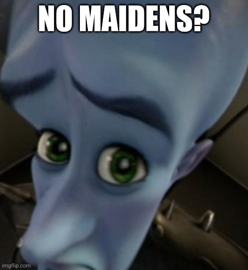 Megamind no bitches | NO MAIDENS? | image tagged in megamind no bitches | made w/ Imgflip meme maker
