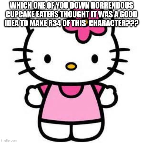 never clicking on a link just because its from Google again | WHICH ONE OF YOU DOWN HORRENDOUS CUPCAKE EATERS THOUGHT IT WAS A GOOD IDEA TO MAKE R34 OF THIS  CHARACTER??? | image tagged in hello kitty | made w/ Imgflip meme maker