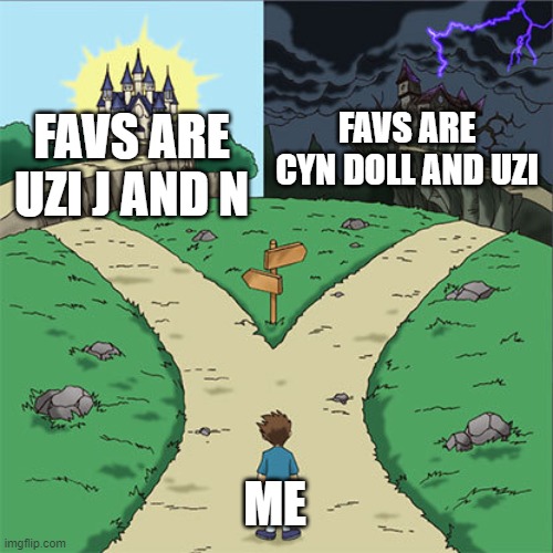 Two Paths | FAVS ARE CYN DOLL AND UZI; FAVS ARE UZI J AND N; ME | image tagged in two paths | made w/ Imgflip meme maker