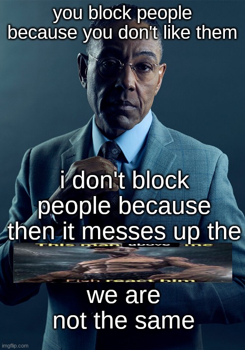 Gus Fring we are not the same | you block people because you don't like them; i don't block people because then it messes up the; we are not the same | image tagged in gus fring we are not the same | made w/ Imgflip meme maker