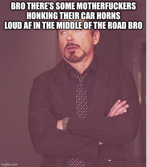 Augh | BRO THERE’S SOME MOTHERFUCKERS HONKING THEIR CAR HORNS LOUD AF IN THE MIDDLE OF THE ROAD BRO | image tagged in memes,face you make robert downey jr | made w/ Imgflip meme maker