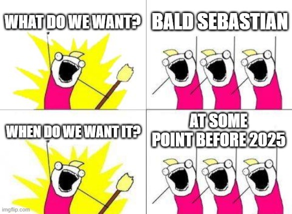 What Do We Want Meme | WHAT DO WE WANT? BALD SEBASTIAN WHEN DO WE WANT IT? AT SOME POINT BEFORE 2025 | image tagged in memes,what do we want | made w/ Imgflip meme maker