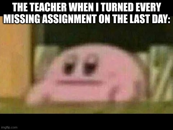 LOL | THE TEACHER WHEN I TURNED EVERY MISSING ASSIGNMENT ON THE LAST DAY: | image tagged in kirby derp-face,kirby,school,school meme | made w/ Imgflip meme maker