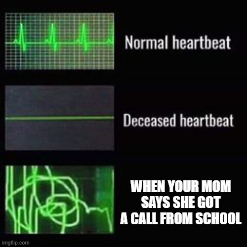 heartbeat rate | WHEN YOUR MOM SAYS SHE GOT A CALL FROM SCHOOL | image tagged in heartbeat rate | made w/ Imgflip meme maker