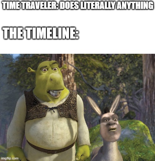 Another one of these memes.. | TIME TRAVELER: DOES LITERALLY ANYTHING; THE TIMELINE: | image tagged in sheck face swap,memes,funny,shrek,face swap | made w/ Imgflip meme maker