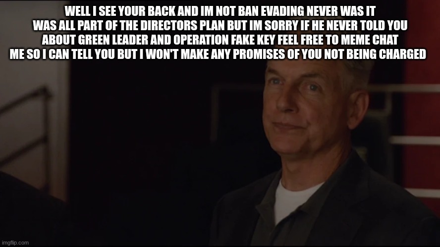 gibbs | WELL I SEE YOUR BACK AND IM NOT BAN EVADING NEVER WAS IT WAS ALL PART OF THE DIRECTORS PLAN BUT IM SORRY IF HE NEVER TOLD YOU ABOUT GREEN LEADER AND OPERATION FAKE KEY FEEL FREE TO MEME CHAT ME SO I CAN TELL YOU BUT I WON'T MAKE ANY PROMISES OF YOU NOT BEING CHARGED | image tagged in gibbs | made w/ Imgflip meme maker