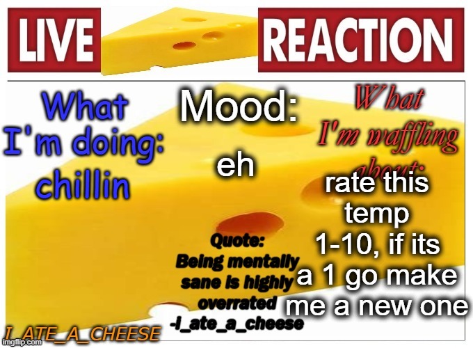 . | eh; rate this temp 1-10, if its a 1 go make me a new one; chillin | made w/ Imgflip meme maker