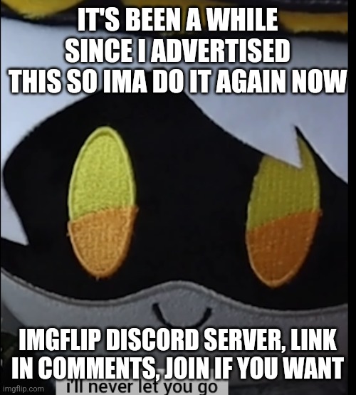 ill never let you go. N | IT'S BEEN A WHILE SINCE I ADVERTISED THIS SO IMA DO IT AGAIN NOW; IMGFLIP DISCORD SERVER, LINK IN COMMENTS, JOIN IF YOU WANT | image tagged in ill never let you go n | made w/ Imgflip meme maker