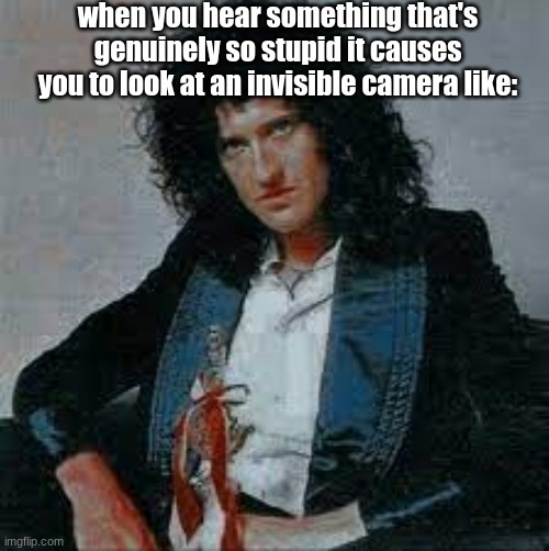 Brian May meme (Queen) | when you hear something that's genuinely so stupid it causes you to look at an invisible camera like: | image tagged in queen,brianmay,classic rock | made w/ Imgflip meme maker