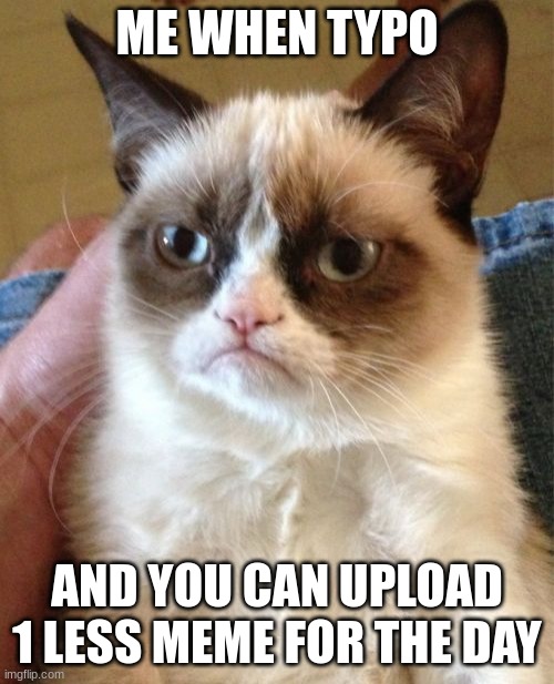 i hate it when I do this | ME WHEN TYPO; AND YOU CAN UPLOAD 1 LESS MEME FOR THE DAY | image tagged in memes,grumpy cat | made w/ Imgflip meme maker