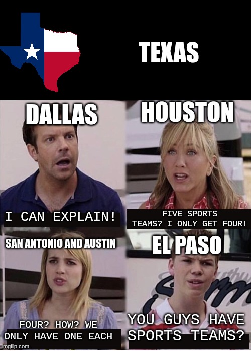 Pro sports in texas fr (of the five major sports of MLB, NFL, NHL, NBA, and MLS) | TEXAS; HOUSTON; DALLAS; FIVE SPORTS TEAMS? I ONLY GET FOUR! I CAN EXPLAIN! SAN ANTONIO AND AUSTIN; EL PASO; YOU GUYS HAVE SPORTS TEAMS? FOUR? HOW? WE ONLY HAVE ONE EACH | image tagged in you guys are getting paid template,memes,funny,sports,texas | made w/ Imgflip meme maker