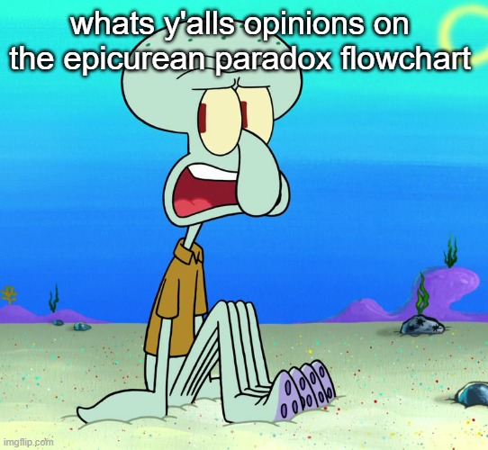 squidward sitting | whats y'alls opinions on  the epicurean paradox flowchart | image tagged in squidward sitting | made w/ Imgflip meme maker