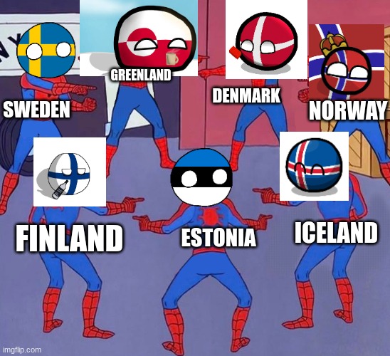 same spider man 7 | DENMARK; GREENLAND; NORWAY; SWEDEN; ICELAND; ESTONIA; FINLAND | image tagged in same spider man 7 | made w/ Imgflip meme maker