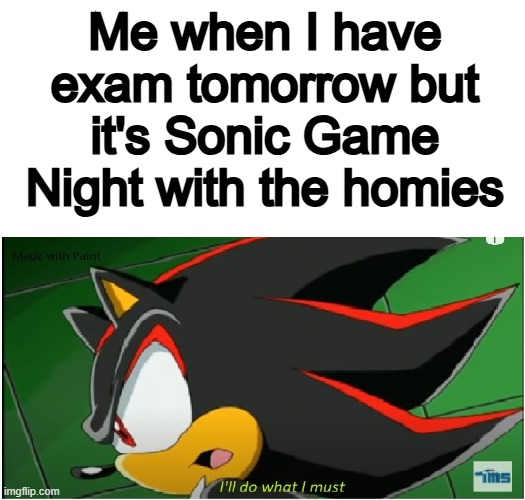 LIKE AND SUB to XXMEMEGAMERXX FOR MEMES!! | Me when I have exam tomorrow but it's Sonic Game Night with the homies | image tagged in i'll do what i must - shadow version | made w/ Imgflip meme maker