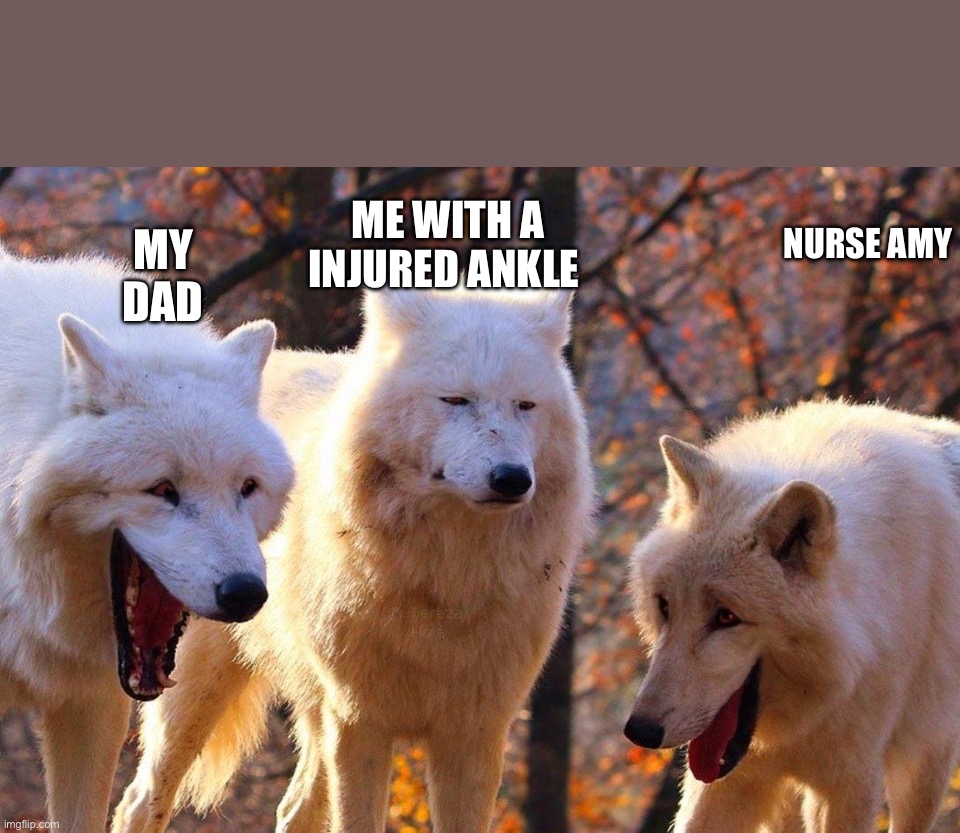 This was based on a story when I broke my ankle | ME WITH A INJURED ANKLE; NURSE AMY; MY 
DAD | image tagged in 2/3 wolves laugh | made w/ Imgflip meme maker