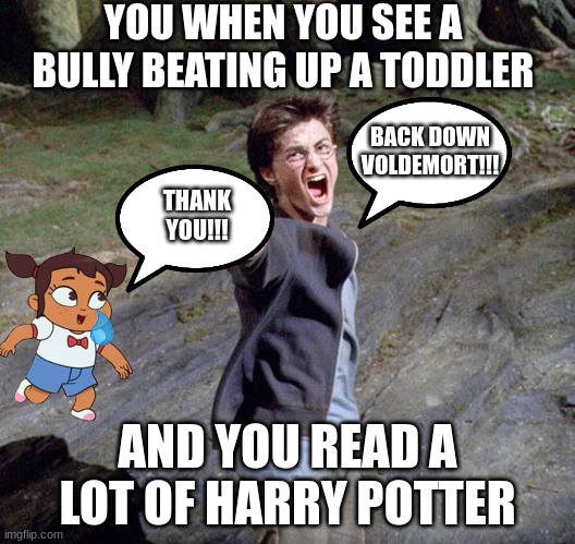 Harry Potter defends toddlers from bullies | YOU WHEN YOU SEE A BULLY BEATING UP A TODDLER; BACK DOWN VOLDEMORT!!! THANK YOU!!! AND YOU READ A LOT OF HARRY POTTER | image tagged in harry potter,funny memes,be kind,bullies begone | made w/ Imgflip meme maker