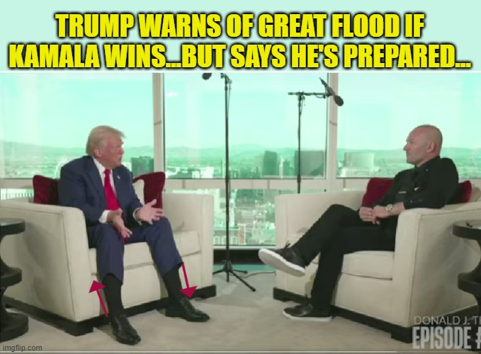 FLOOD PANTS DON... | TRUMP WARNS OF GREAT FLOOD IF KAMALA WINS...BUT SAYS HE'S PREPARED... | image tagged in donald trump memes,donald trump is an idiot,donald trump the clown,flooding thumbs up,political humor | made w/ Imgflip meme maker