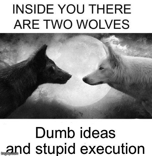 Inside you there are two wolves | Dumb ideas and stupid execution | image tagged in inside you there are two wolves | made w/ Imgflip meme maker