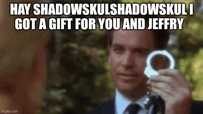 tony dinozzo | HAY SHADOWSKULSHADOWSKUL I GOT A GIFT FOR YOU AND JEFFRY | image tagged in tony dinozzo | made w/ Imgflip meme maker