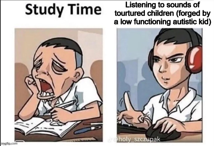 Study time | Listening to sounds of tourtured children (forged by a low functioning autistic kid) | image tagged in study time | made w/ Imgflip meme maker