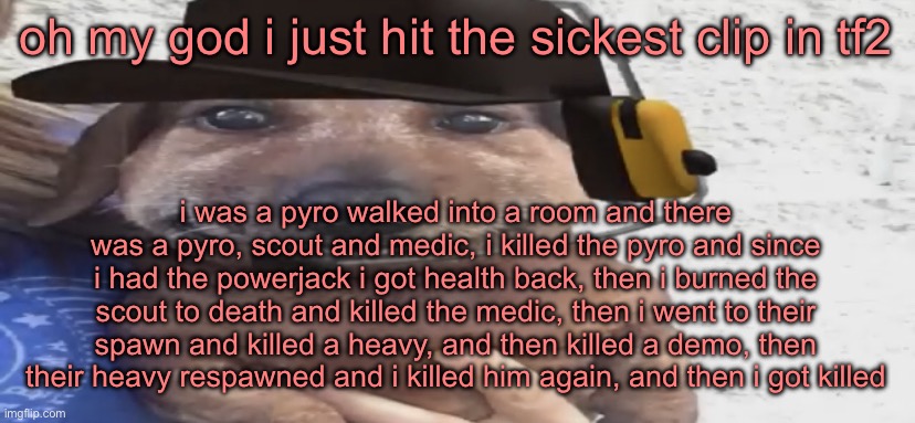 chucklenuts | oh my god i just hit the sickest clip in tf2; i was a pyro walked into a room and there was a pyro, scout and medic, i killed the pyro and since i had the powerjack i got health back, then i burned the scout to death and killed the medic, then i went to their spawn and killed a heavy, and then killed a demo, then their heavy respawned and i killed him again, and then i got killed | image tagged in chucklenuts | made w/ Imgflip meme maker