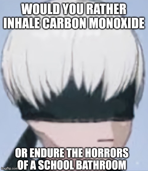 v | WOULD YOU RATHER INHALE CARBON MONOXIDE; OR ENDURE THE HORRORS OF A SCHOOL BATHROOM | image tagged in 9s | made w/ Imgflip meme maker