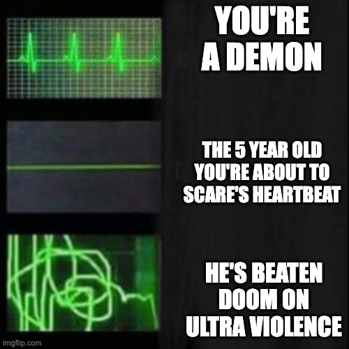 Leave it blank, please | YOU'RE A DEMON; THE 5 YEAR OLD YOU'RE ABOUT TO SCARE'S HEARTBEAT; HE'S BEATEN DOOM ON ULTRA VIOLENCE | image tagged in leave it blank please | made w/ Imgflip meme maker