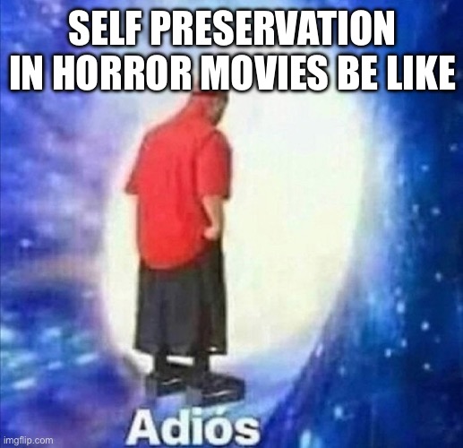 *trips on a microscopic speck and doesn’t get up* | SELF PRESERVATION IN HORROR MOVIES BE LIKE | image tagged in adios,horror movies,stupid people | made w/ Imgflip meme maker