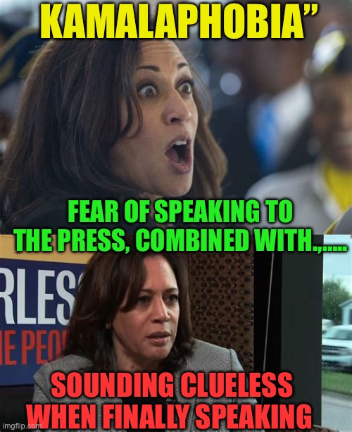 Kamala getting treatment for “kamalaphobia | KAMALAPHOBIA”; FEAR OF SPEAKING TO THE PRESS, COMBINED WITH.,….. SOUNDING CLUELESS WHEN FINALLY SPEAKING | image tagged in gifs,kamala harris,democrats,phobia,missing,clueless | made w/ Imgflip meme maker