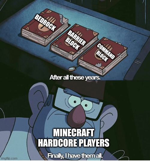 Minecraft hardcore players be like | BEDROCK; BARRIER BLOCK; COMMAND BLOCK; MINECRAFT HARDCORE PLAYERS | image tagged in finally i have them all | made w/ Imgflip meme maker