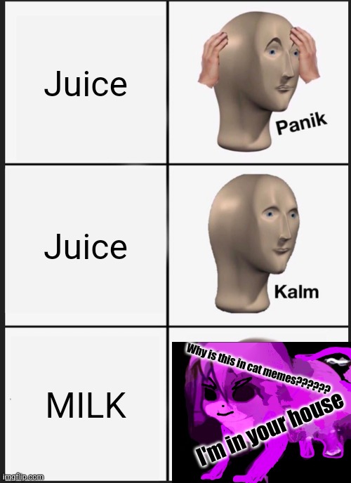 Panik Kalm Panik | Juice; Juice; MILK; Why is this in cat memes?????? I'm in your house | image tagged in memes,panik kalm panik | made w/ Imgflip meme maker