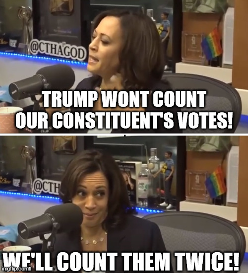 Conspiracy Theory Kamala | TRUMP WONT COUNT OUR CONSTITUENT'S VOTES! WE'LL COUNT THEM TWICE! | image tagged in conspiracy theory kamala,kamala harris,donald trump,election fraud | made w/ Imgflip meme maker