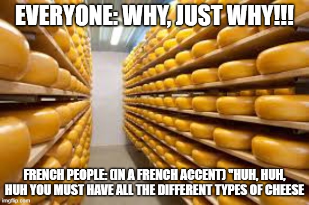 cheese | EVERYONE: WHY, JUST WHY!!! FRENCH PEOPLE: (IN A FRENCH ACCENT) "HUH, HUH, HUH YOU MUST HAVE ALL THE DIFFERENT TYPES OF CHEESE | image tagged in cheese | made w/ Imgflip meme maker